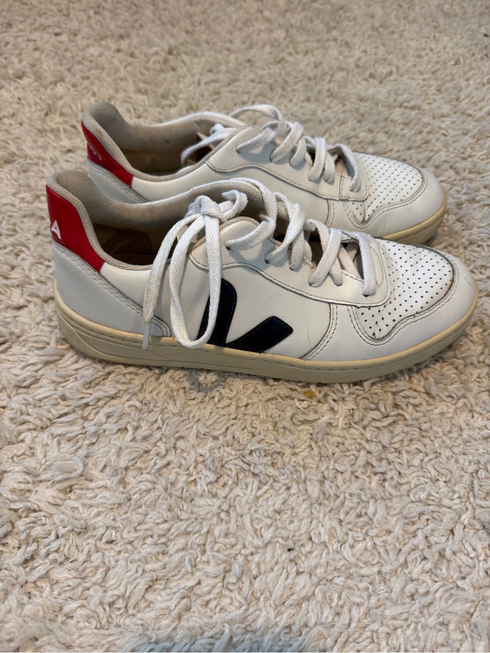 Veja Kids White Sneakers with Navy V and Red Heel